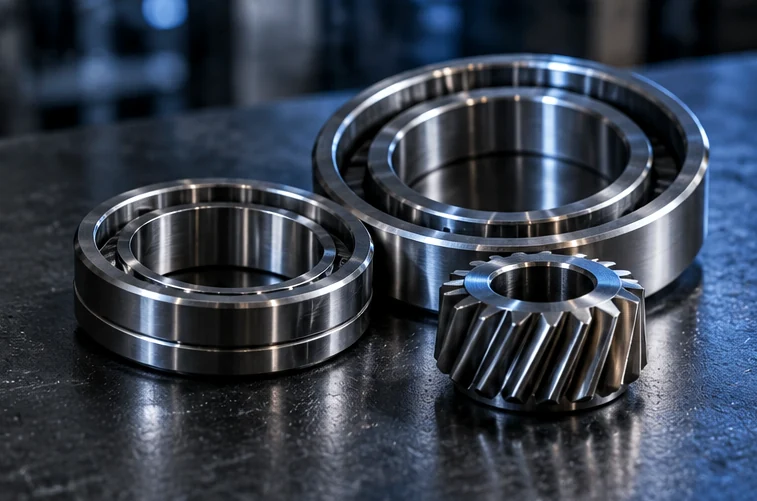 Concept image of polished precision bearing rings and a machined gear